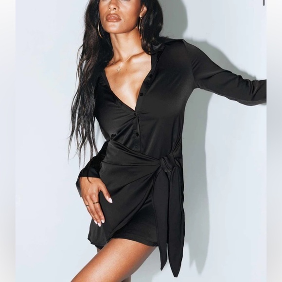 NWOT Princess Polly Bodeni Long Sleeve Button Down Black Mini Dress Size 2 - Picture 2 of 15